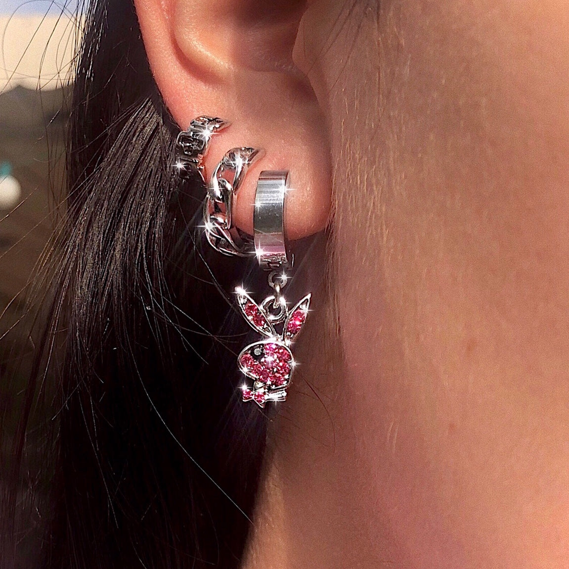 PINK BLINGED OUT PLAYBOY BUNNY EARRINGS