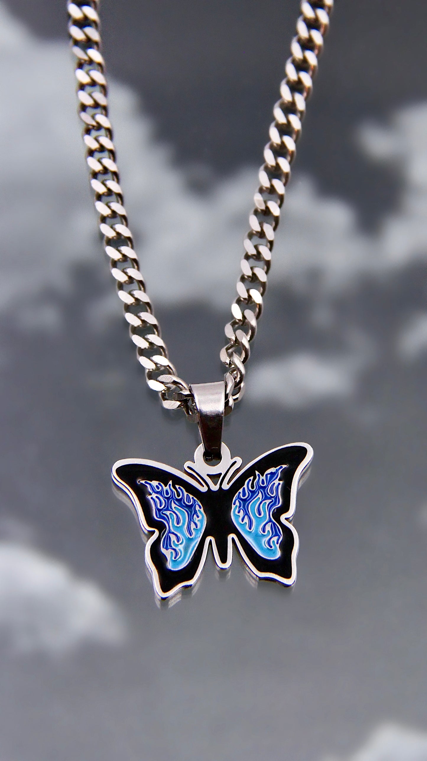 BLUE UP IN FLAMES BUTTERFLY NECKLACE