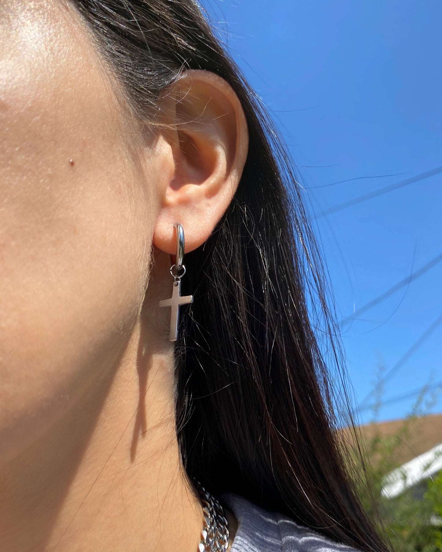 SILVER CROSS HOOP EARRINGS