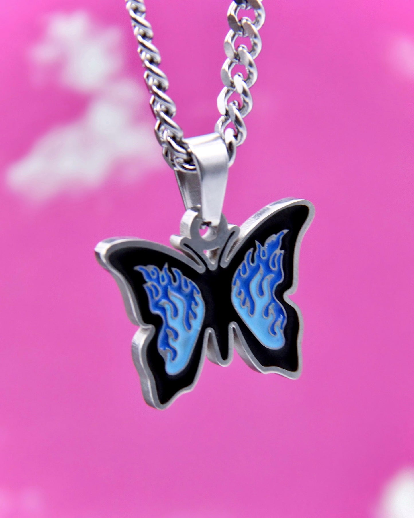 BLUE UP IN FLAMES BUTTERFLY NECKLACE
