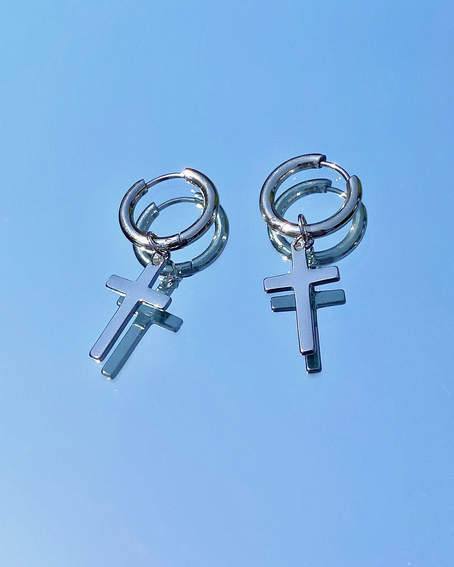 SILVER CROSS HOOP EARRINGS