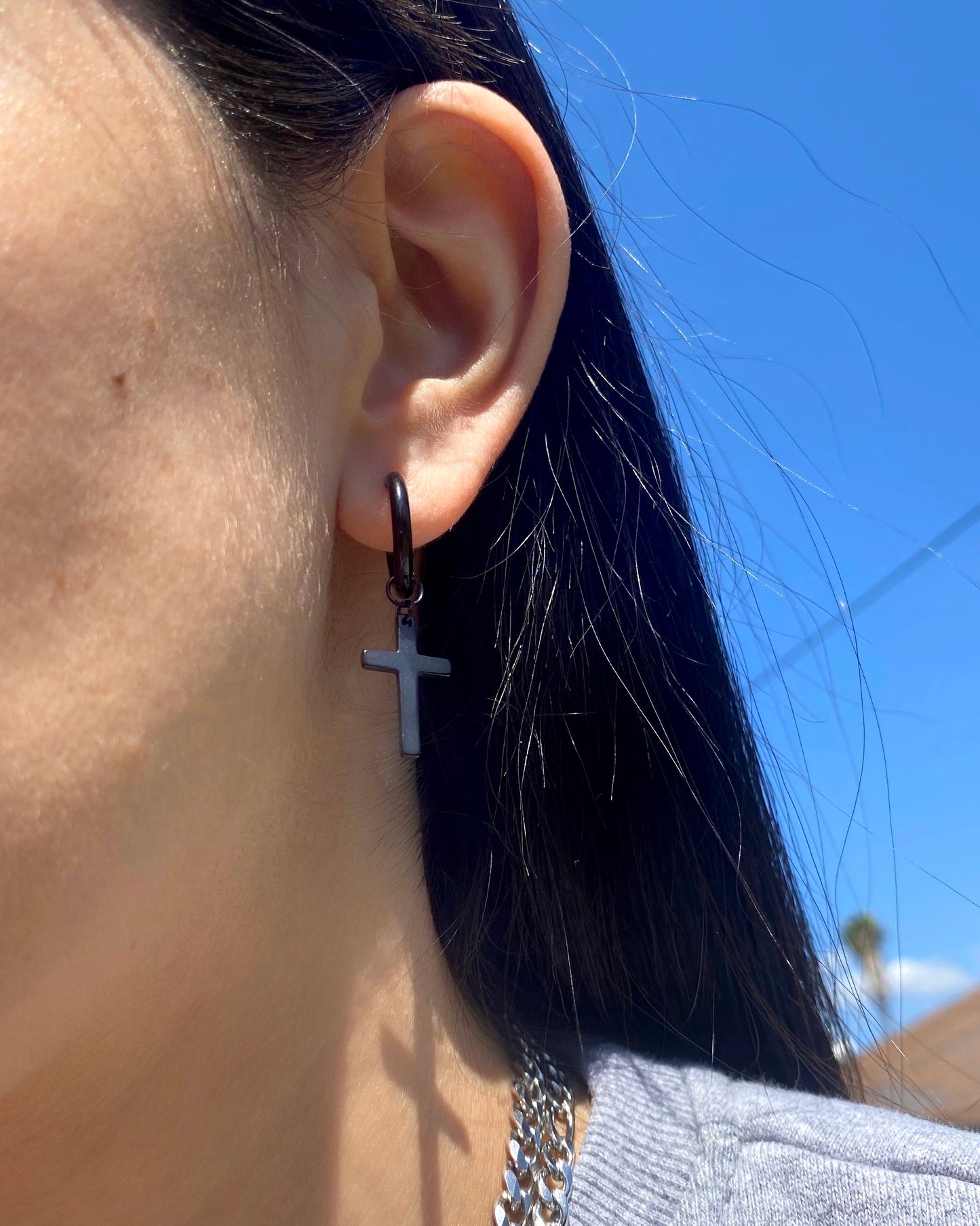 BLACK CROSS HOOP EARRINGS