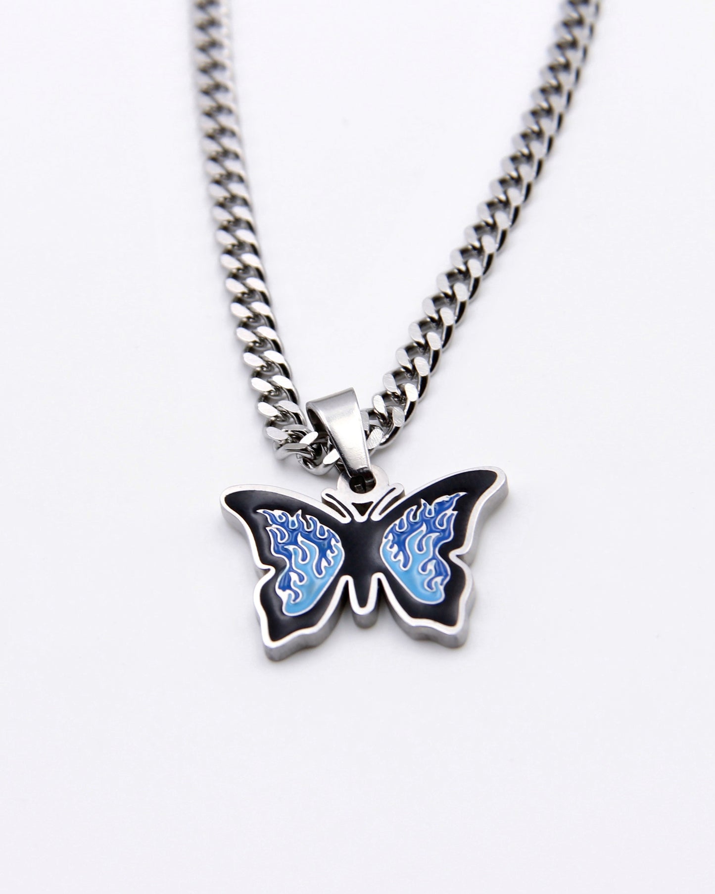 BLUE UP IN FLAMES BUTTERFLY NECKLACE