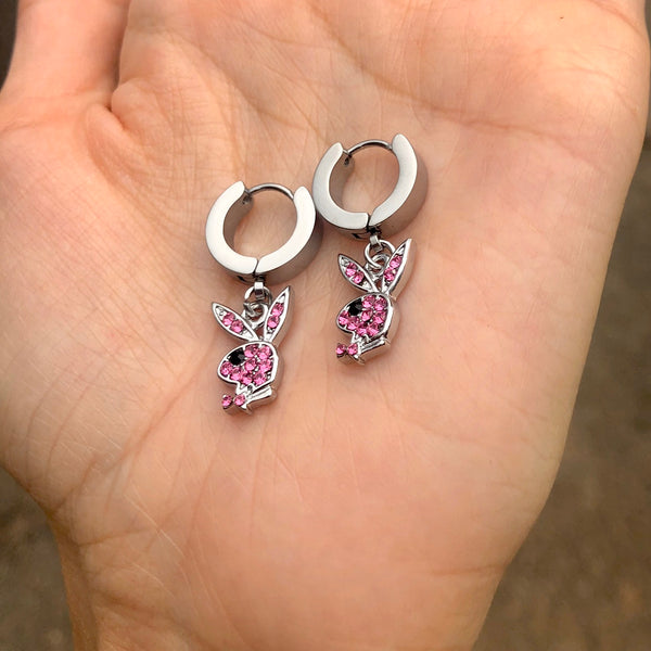 PINK BLINGED OUT PLAYBOY BUNNY EARRINGS