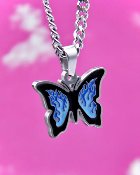 BLUE UP IN FLAMES BUTTERFLY NECKLACE – Cyberspace Shop