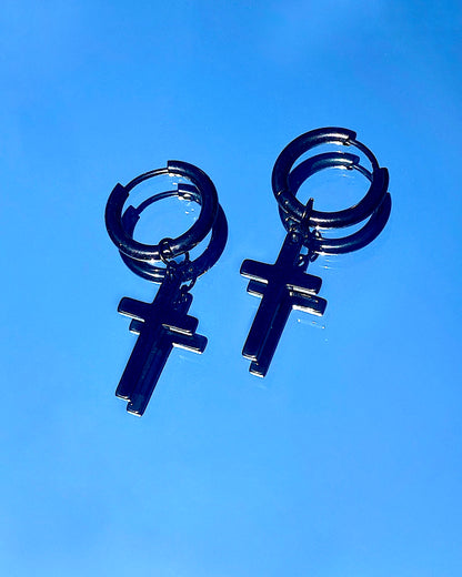 BLACK CROSS HOOP EARRINGS