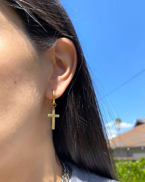 GOLD CROSS HOOP EARRINGS