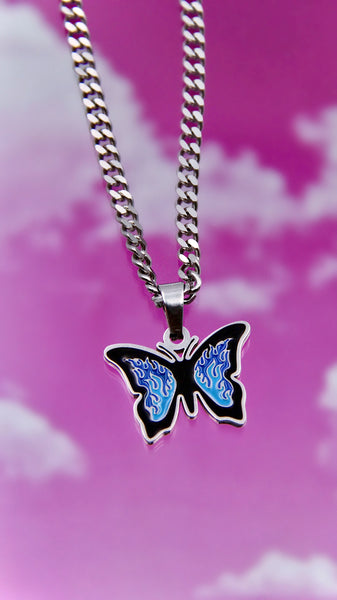 BLUE UP IN FLAMES BUTTERFLY NECKLACE